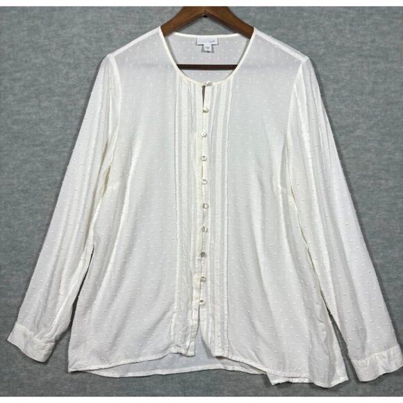 J Jill Women's White Button-Up Blouse Long Sleeve Size M Swiss Dot - Picture 1 of 5